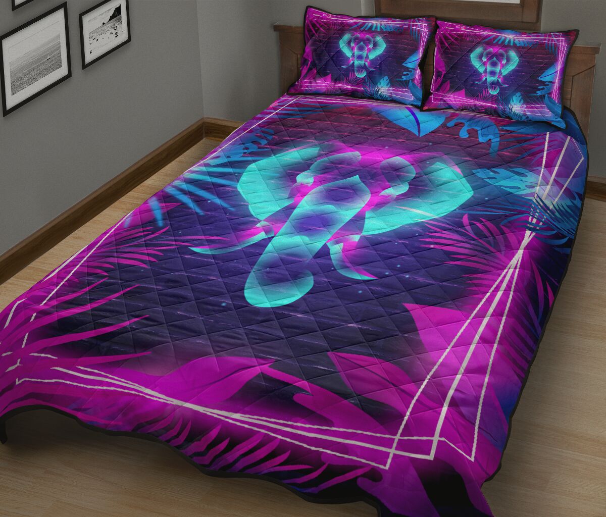 Elephant Neon Art Style Quilt Bed Set - Love Quilt Bedding Set