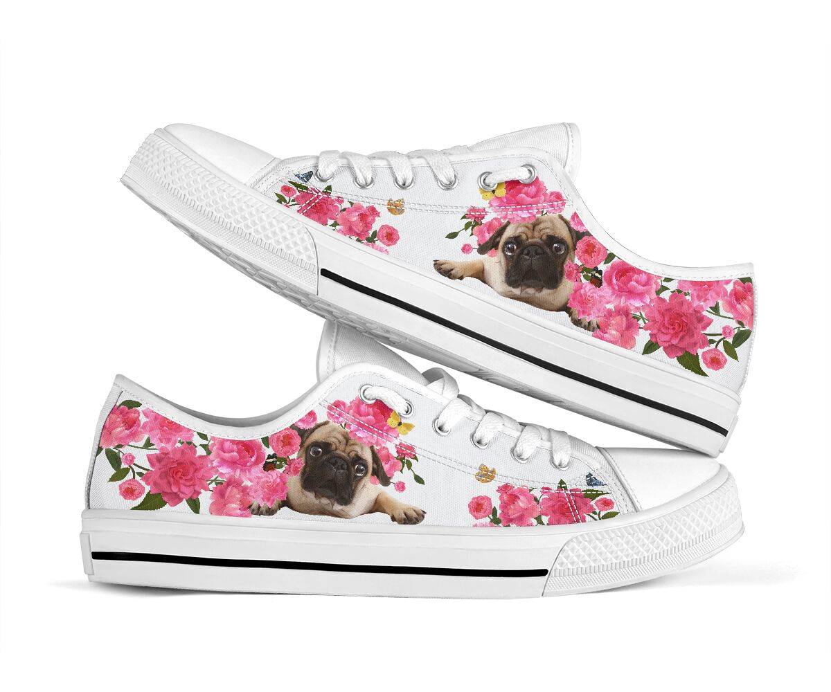 Pug And Flowers - Low Top Shoe - Love Love Top Shoes