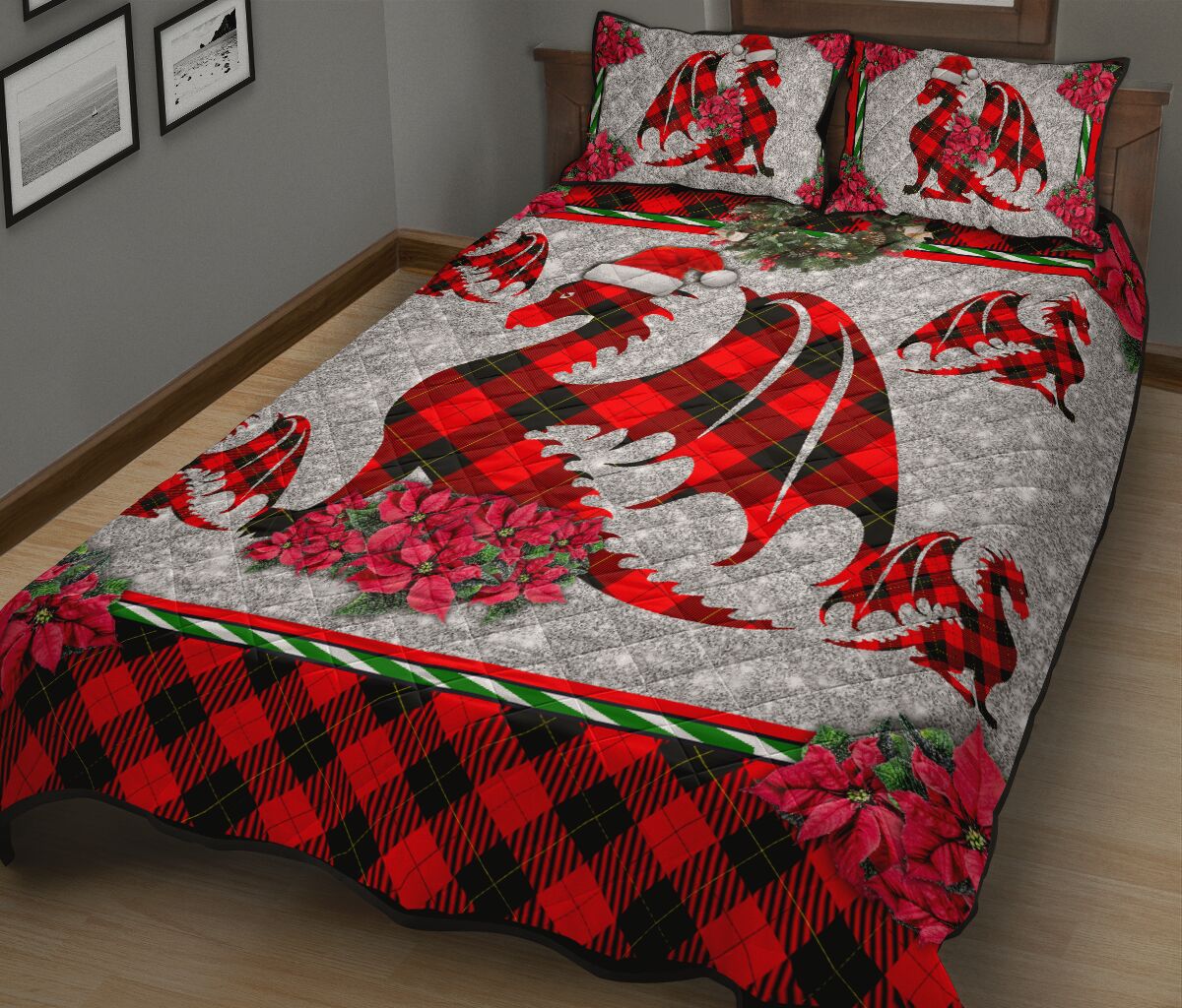 Dragon Christmas Faux Glitter Print Quilt Bed Set - Love Quilt Bedding Set