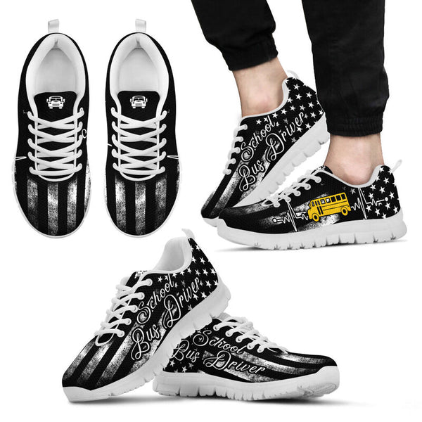 School Bus Driver American Flag Shoes Sneakers, Runni- Love Sneakers