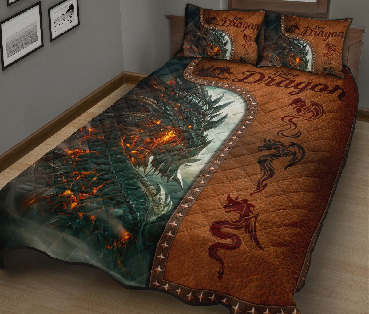 Dragon Art Leather Style Quilt Bed Set - Love Quilt Bedding Set