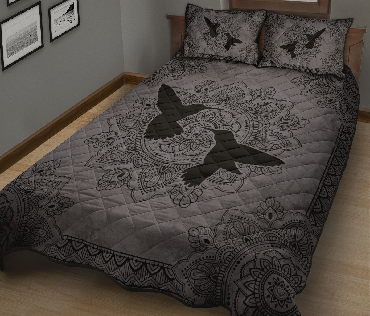 Humming Bird Mandala Grey Quilt Bed Set - Love Quilt Bedding Set