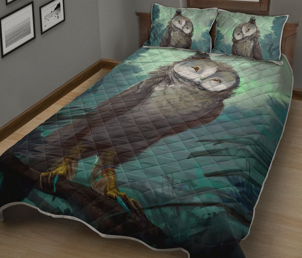 Owl In Forest Art Drawn Style Quilt Bed Set - Love Quilt Bedding Set