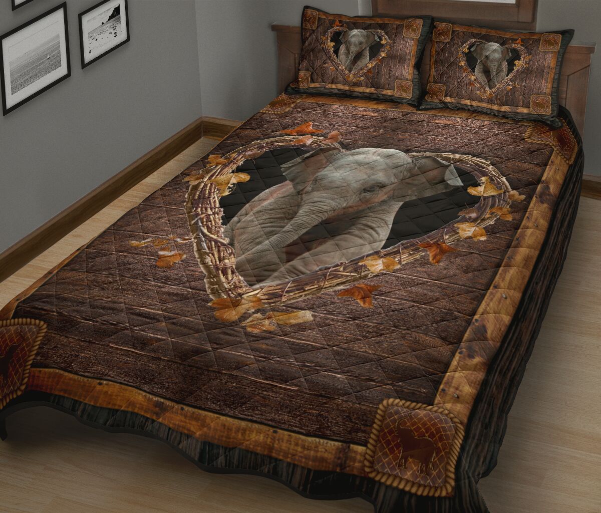 Elephant Wood Heart Tree Dry Style Quilt Bed Set - Love Quilt Bedding Set
