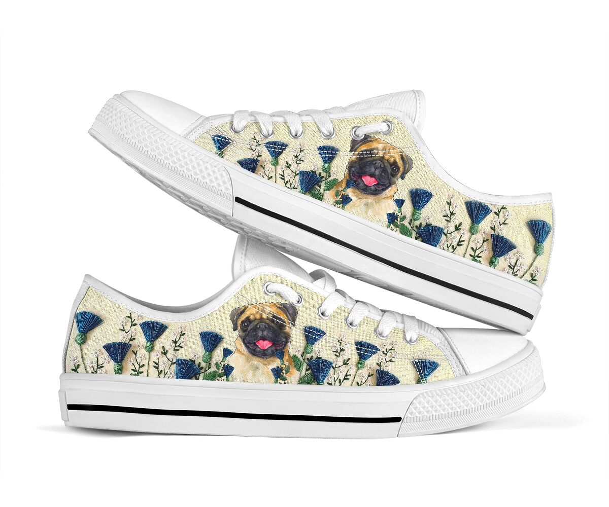 Pug Flower Embroider - Low TopShoe - Love Love Top Shoes