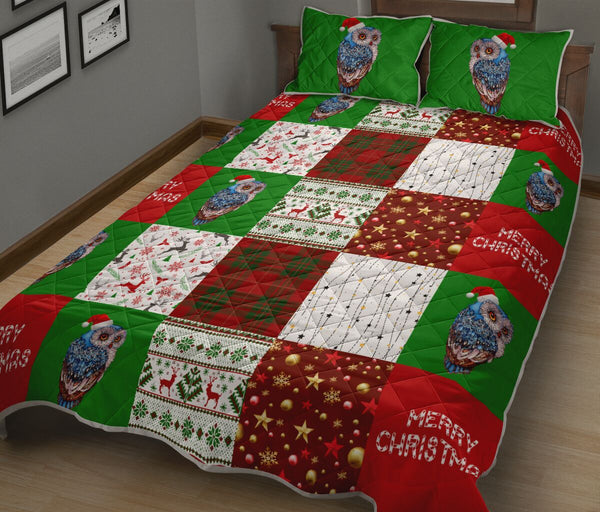 Owl Merry Christmas Pattern Style Quilt Bed Set - Love Quilt Bedding Set