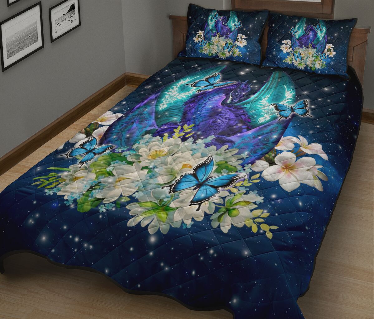 Dragon Blue Floral Blue Style Quilt Bed Set - Love Quilt Bedding Set