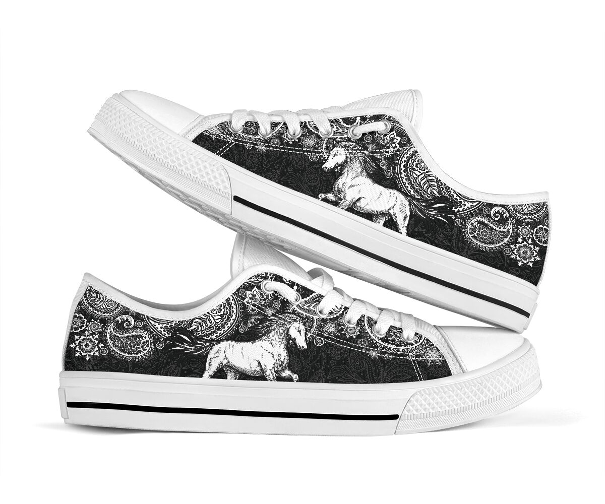 Horse Paisley Black White Low Top  Shoes