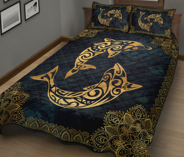 Dolphin Mandala Gold Art Style Quilt Bed Set - Love Quilt Bedding Set