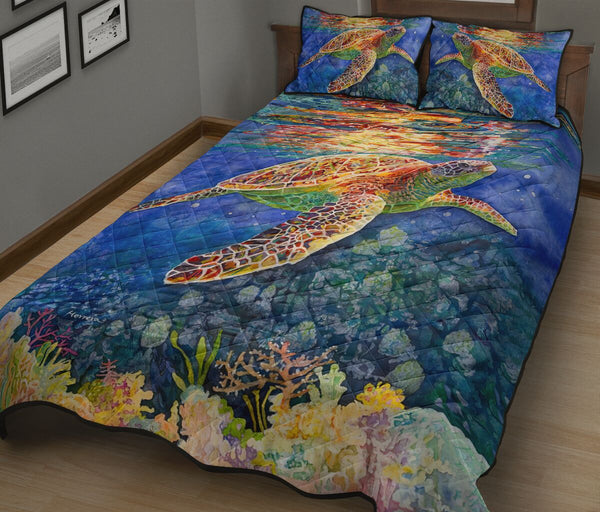 Turtle Sea Watercolor Colorfull Style Quilt Bed Set - Love Quilt Bedding Set