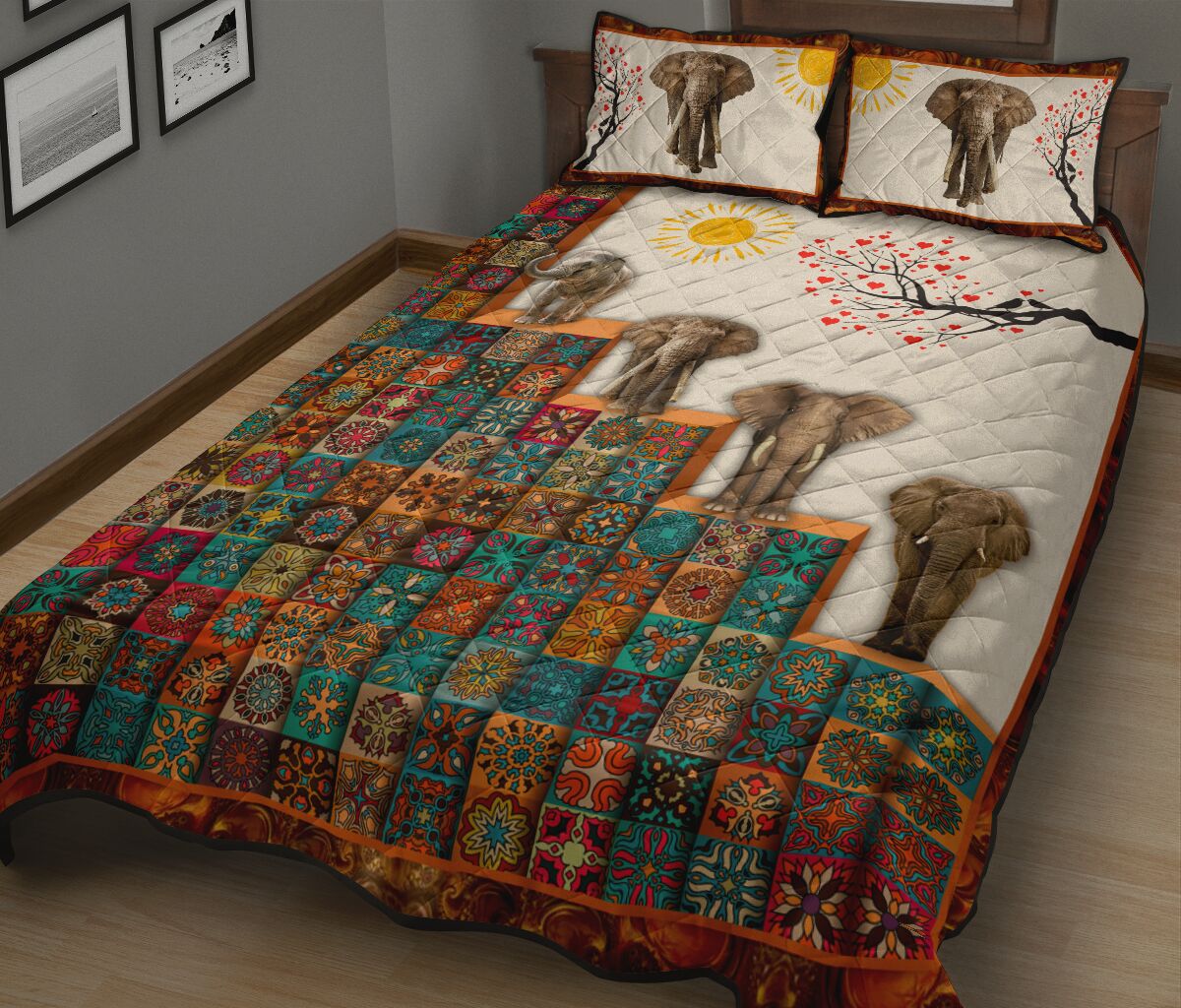 Elephant Sun And Tree Mandala Style Quilt Bed Set - Love Quilt Bedding Set