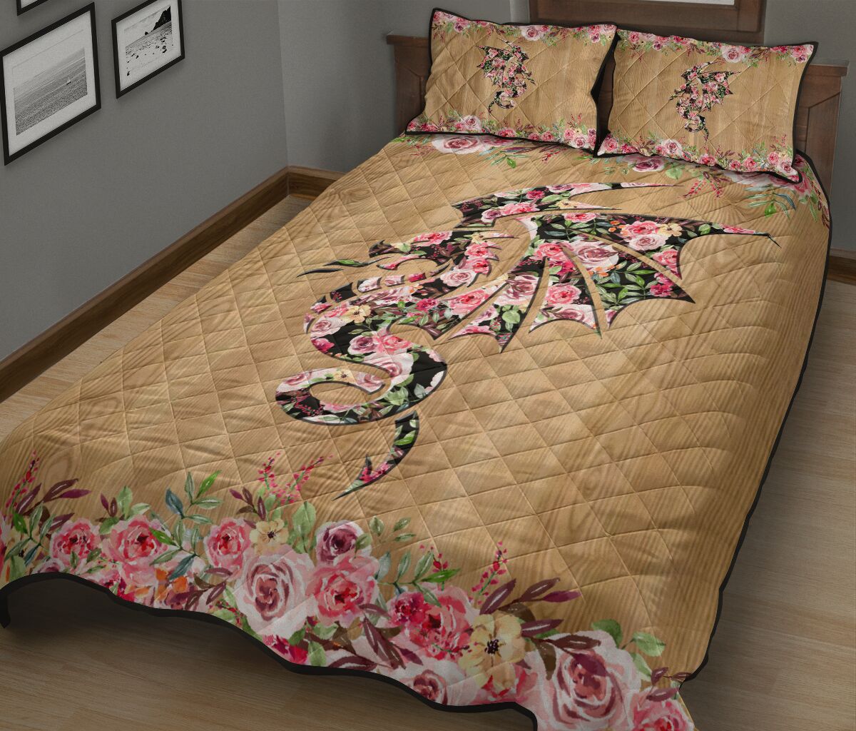 Dragon Flower Wood Style Quilt Bed Set- Love Quilt Bedding Set