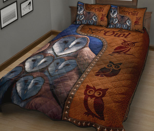 Owl Art Leather Style Quilt Bed Set - Love Quilt Bedding Set