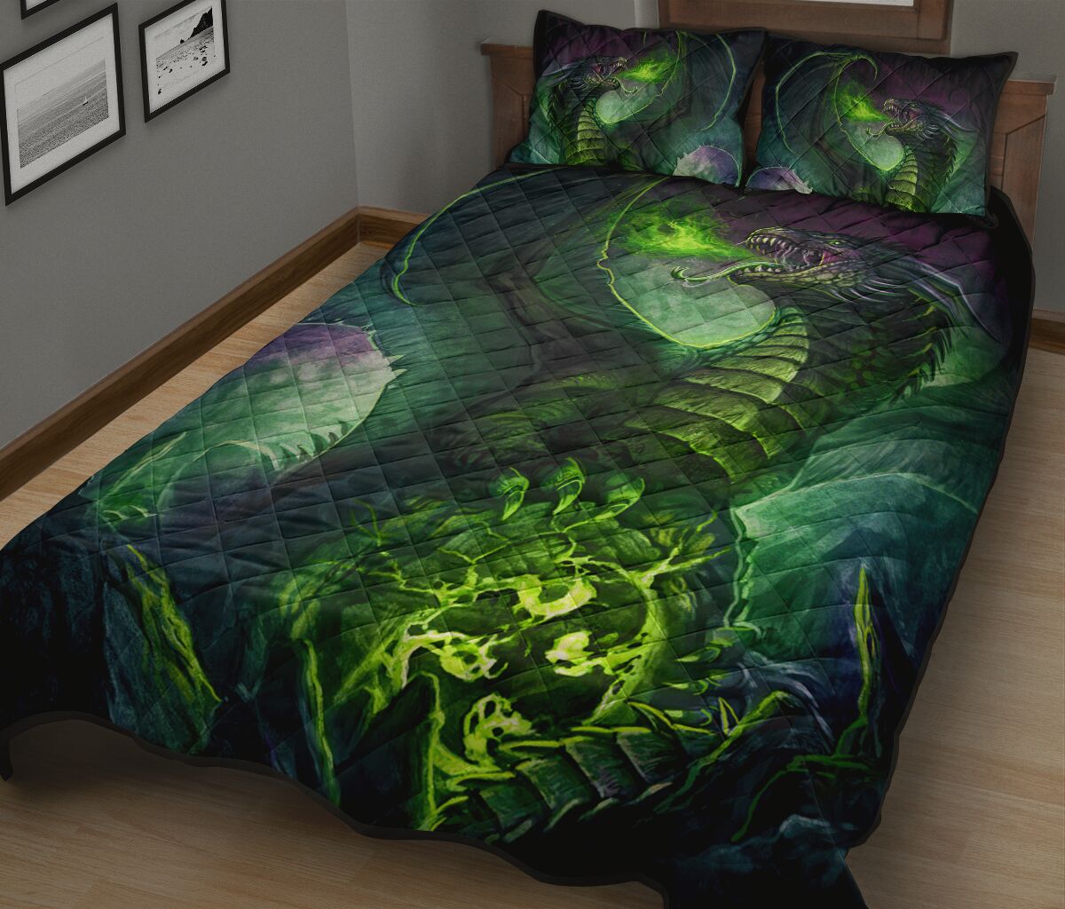 Dragon Fire Green Moutain Art Style Quilt Bed Set - Love Quilt Bedding Set