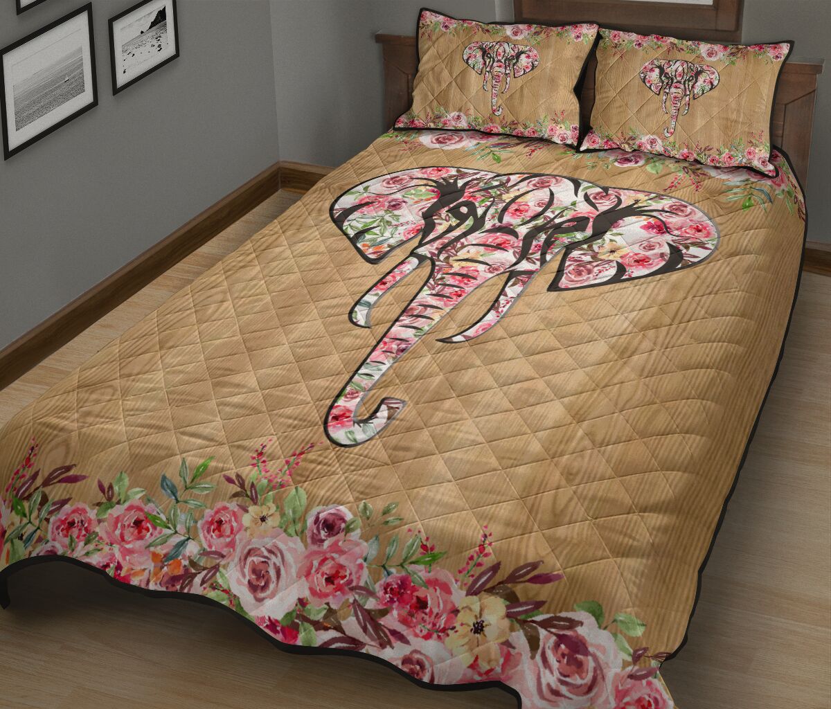 Elephant Flower Wood Style Quilt Bed Set - Love Quilt Bedding Set