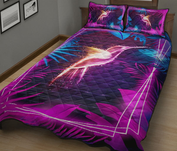 Hummingbird Neon Art Style Quilt Bed Set - Love Quilt Bedding Set