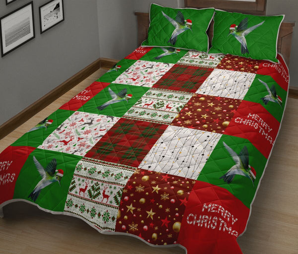 Hummingbird Merry Christmas Pattern Style Quilt Bed Set - Love Quilt Bedding Set