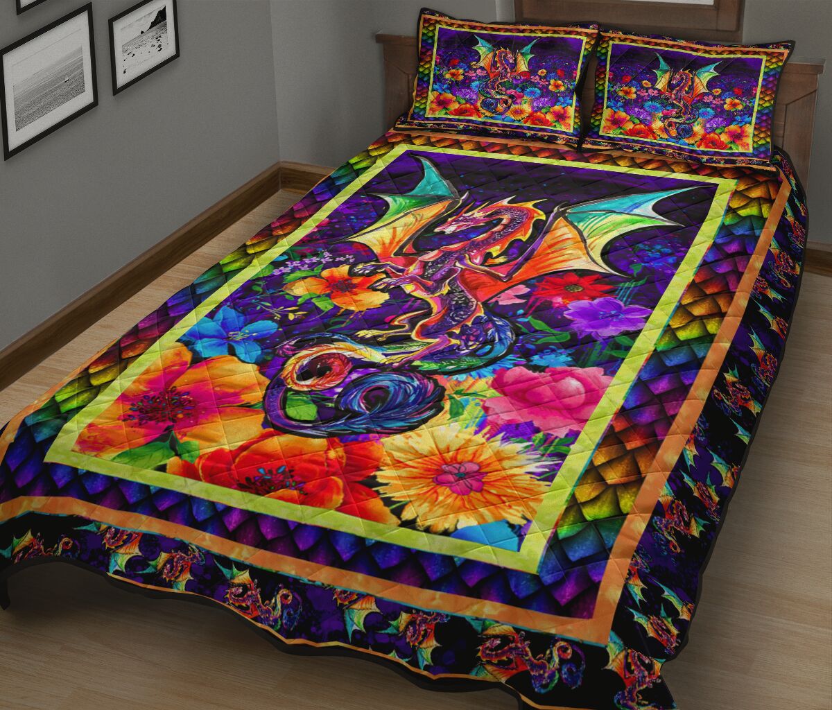 Colorful Dragon Quilt Bed Set - Love Quilt Bedding Set