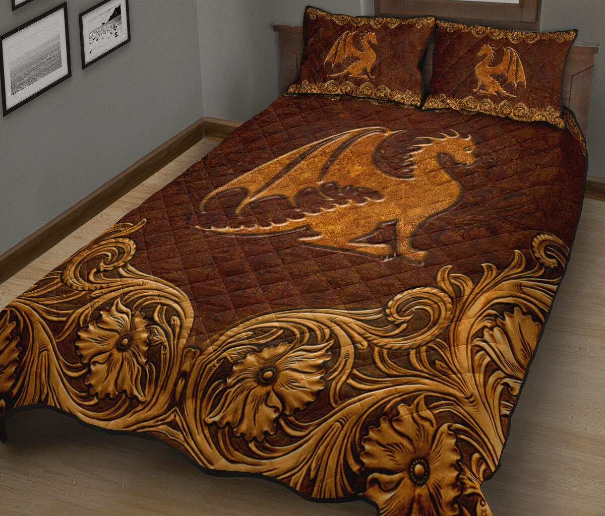 Dragon Leather Carving Style Quilt Bed Set 8- Love Quilt Bedding Set