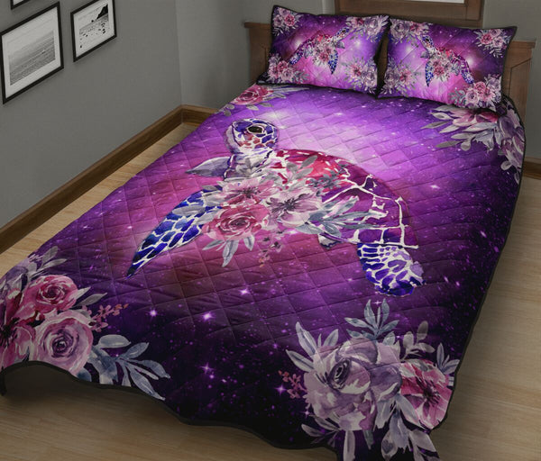 Turtle Flower Watercolor Galaxy Style Quilt Bed Set - Love Quilt Bedding Set