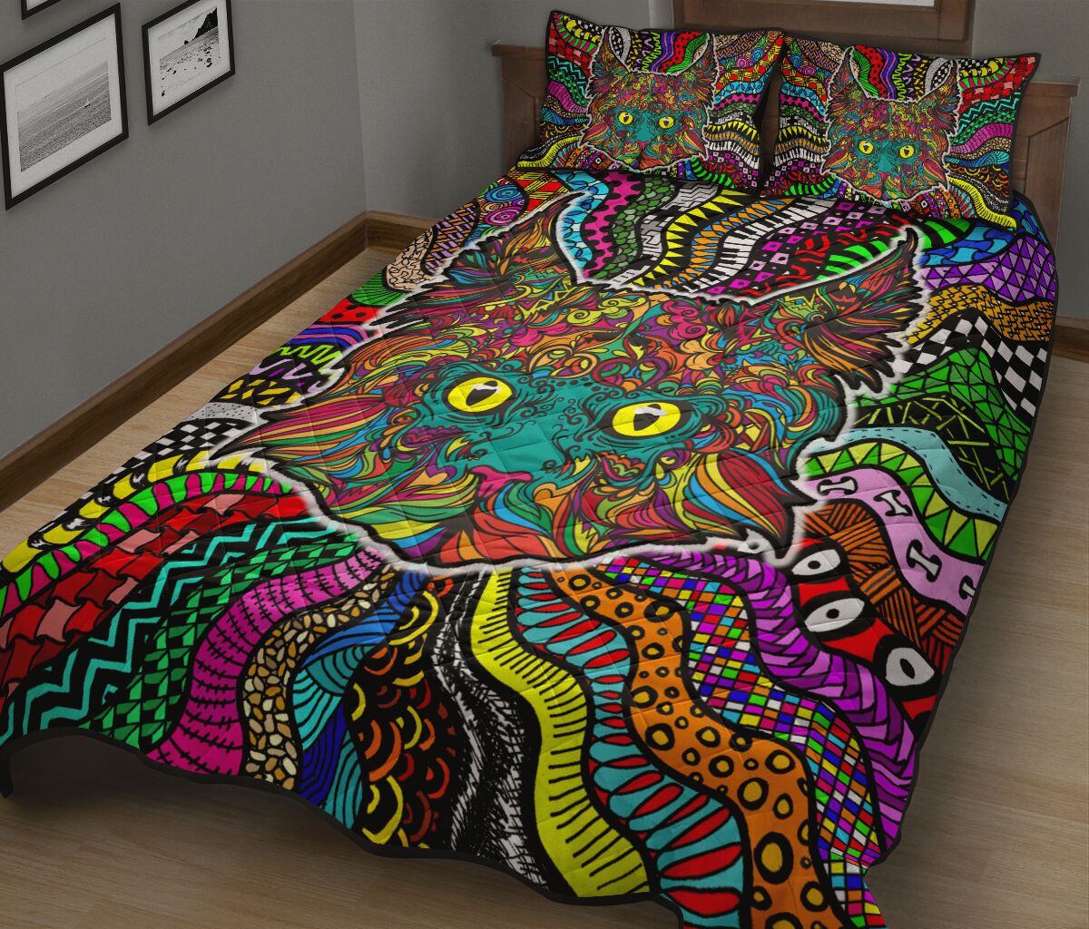 Cat Coloful Style Quilt Bed Set - Love Quilt Bedding Set
