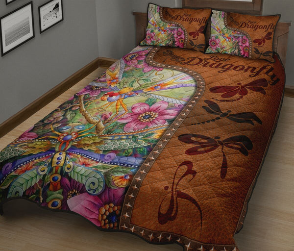 Dragonfly Art Leather Style Quilt Bed Set- Love Quilt Bedding Set