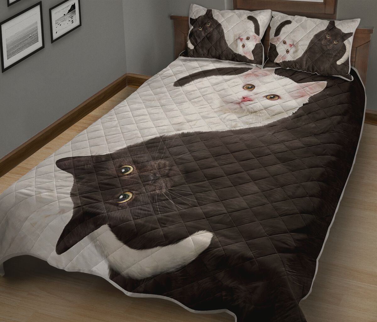 Cat Ying Yang White And Black Feather Style Quilt Bed Set- Love Quilt Bedding Set
