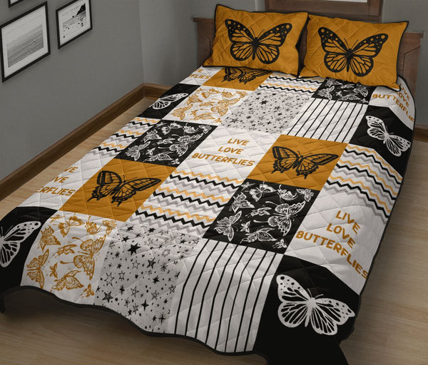 Live Love Butterflies Pattern Quilt Bed Set - Love Quilt Bedding Set