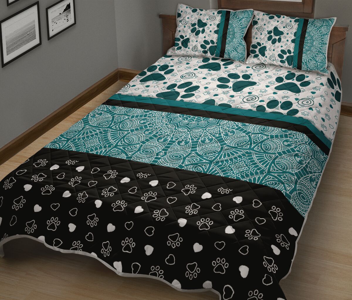 Dog Paw Darkturquoise - Bed Set - Love Quilt Bedding Set