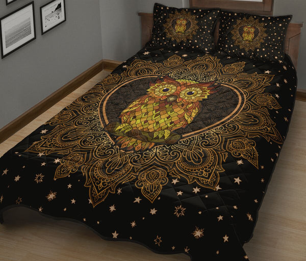 Owl Mandala Gold Art Style Quilt Bed Set- Love Quilt Bedding Set