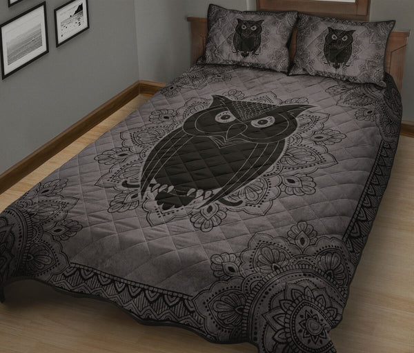 Owl Mandala Grey Quilt Bed Set - Love Quilt Bedding Set