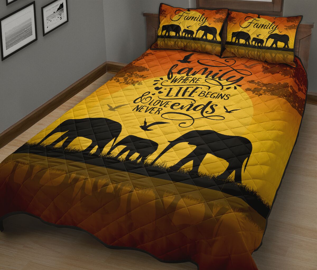 Elephant Family Where Life Begins Quilt Bed Set - Love Quilt Bedding Set