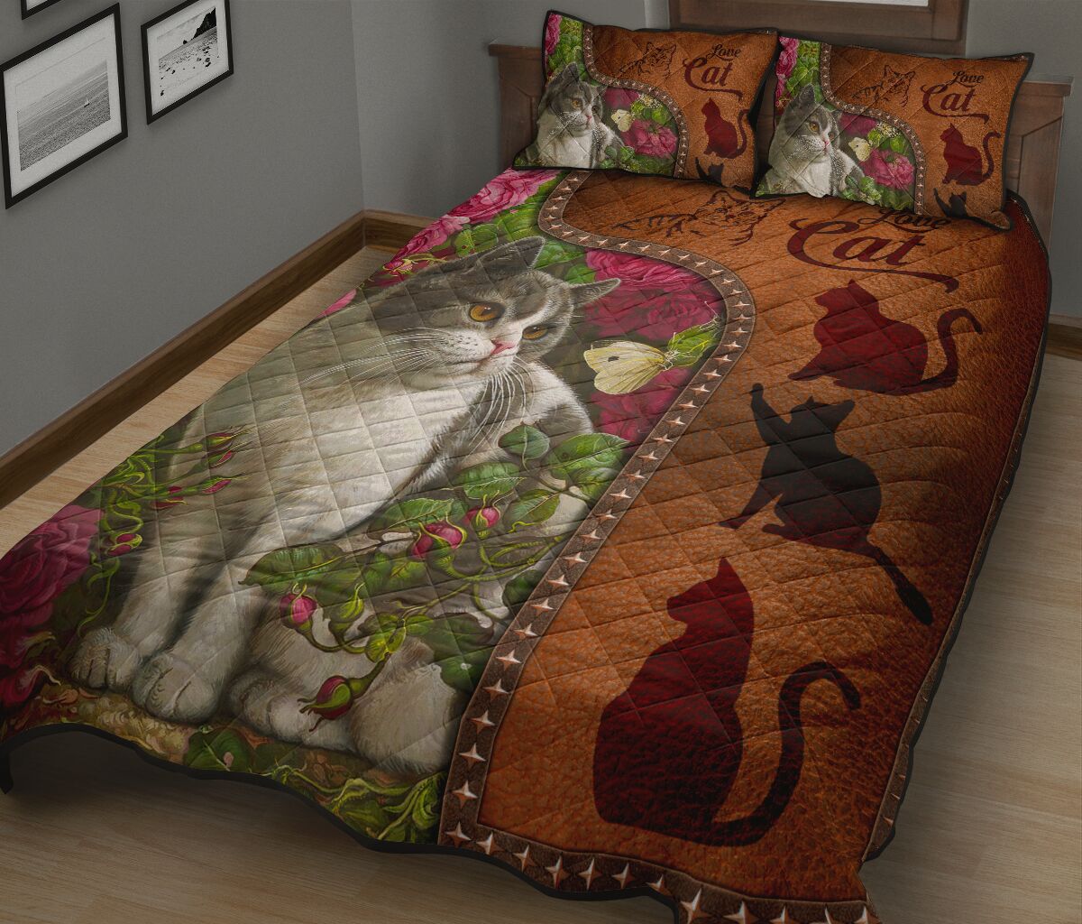 Cat Art Leather Style Quilt Bed Set - Love Quilt Bedding Set