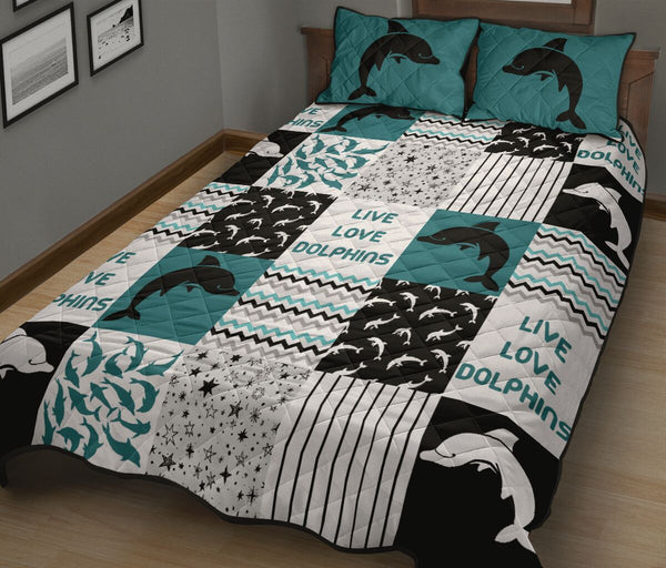 Live Love Dolphins Pattern Quilt Bed Set - Love Quilt Bedding Set