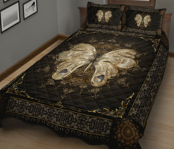 Butterfly Motif Gold Quilt Bed Set - Love Quilt Bedding Set