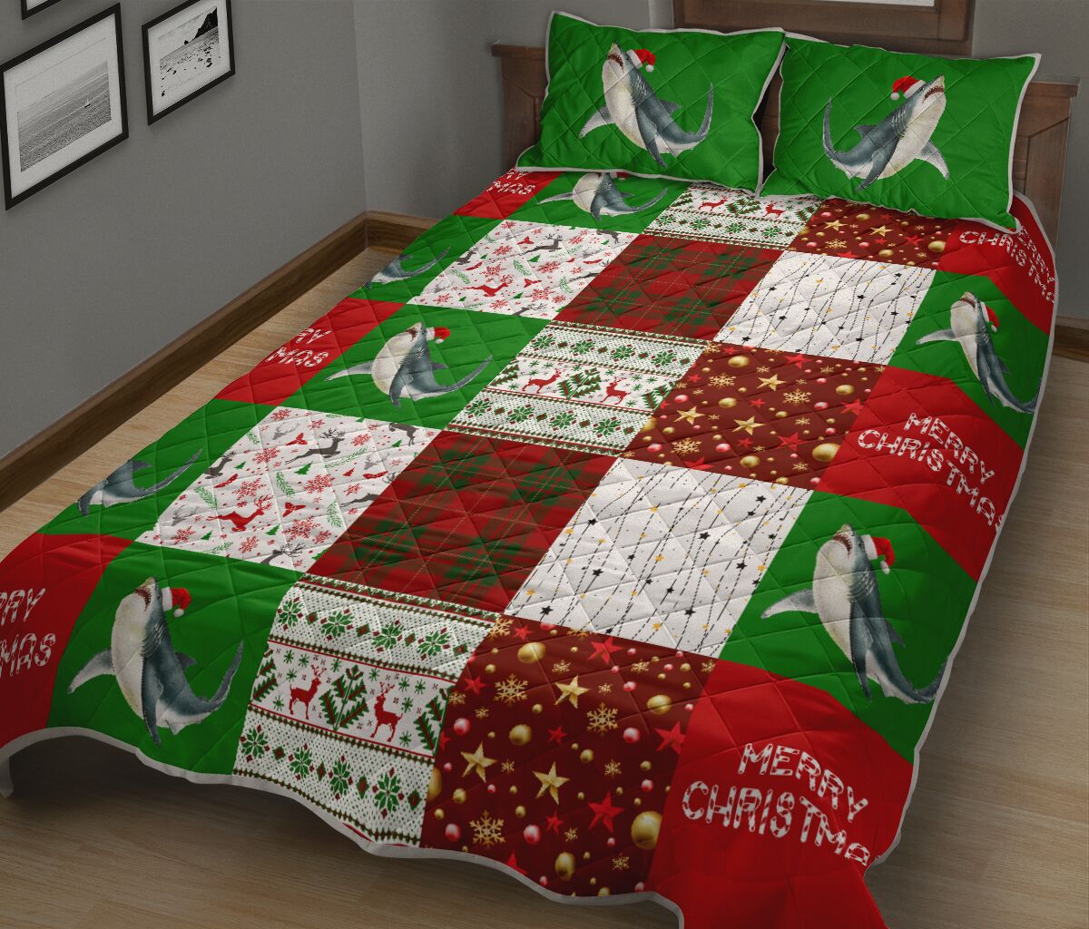 Shark Merry Christmas Pattern Style Quilt Bed Set - Love Quilt Bedding Set