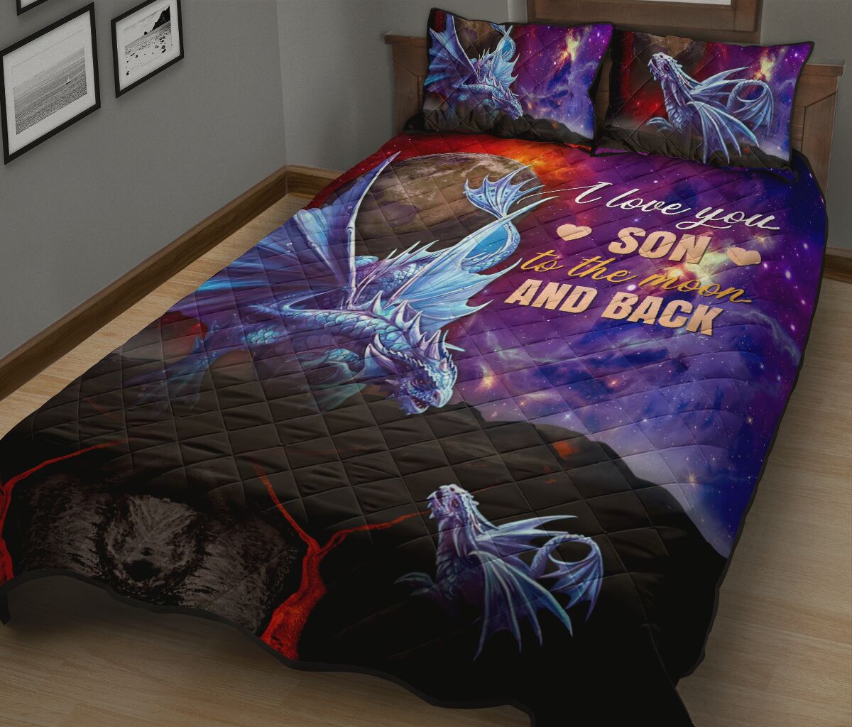 Draogn I Love You Son Quotes Galaxy Style Quilt Bed Set - Love Quilt Bedding Set