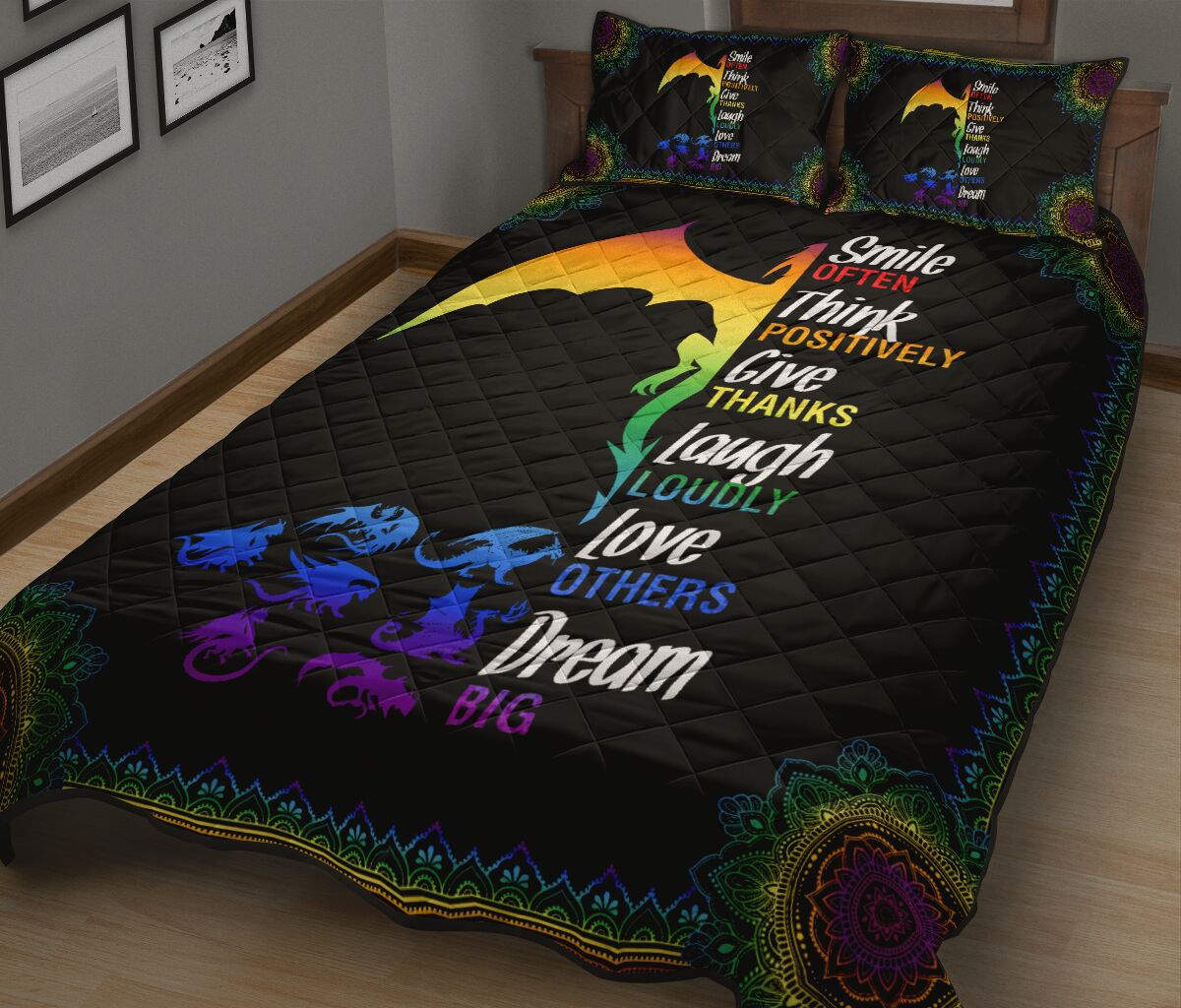 Dragon Rainbow Color Smile Often Think Quilt Bed Set - Love Quilt Bedding Set