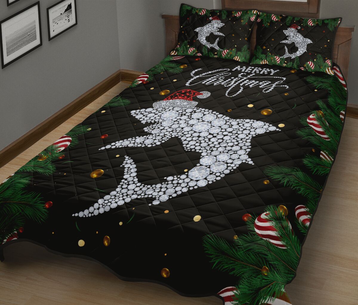 Shark Diamond Hat Santa Backgroud Christmas Quilt Bed Set - Love Quilt Bedding Set