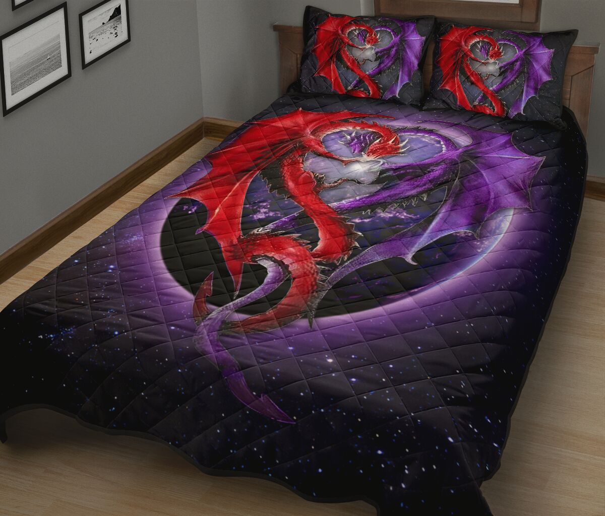 Dragon Red And Purple Light Art Style Quilt Bed Set - Love Quilt Bedding Set
