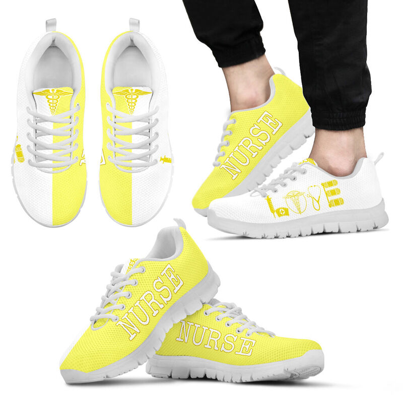 Nurse- Love Fluorescent Yellow White Sneakers, Running Shoes, Shoes For Women, Shoes For Men- Love Sneakers