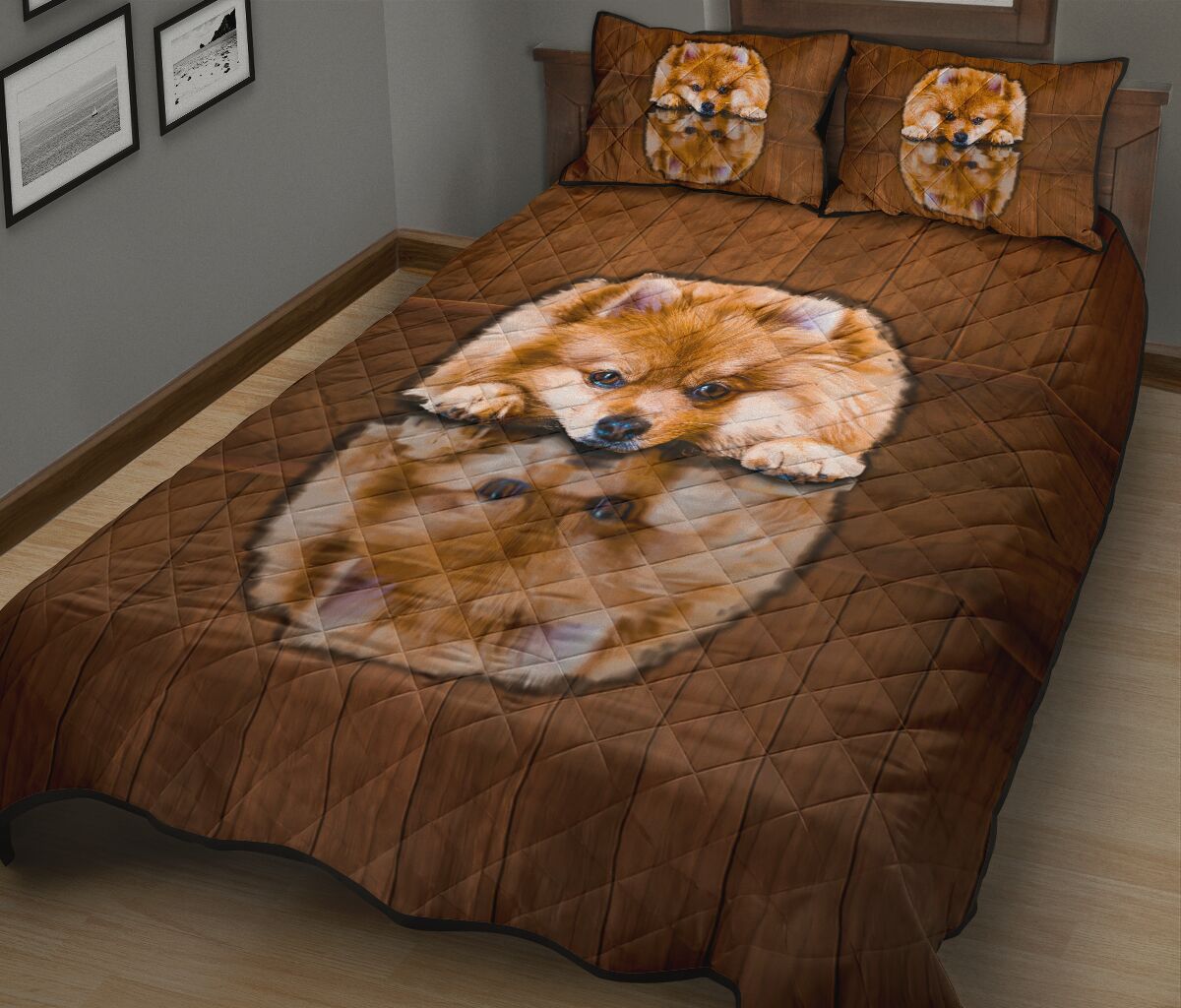 Pomeranian Dog Shadow Style Quilt Bed Set - Love Quilt Bedding Set