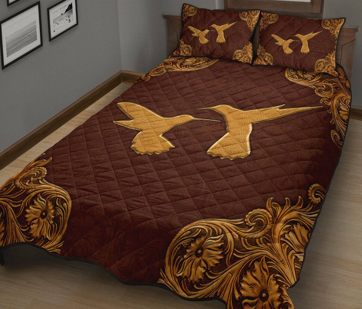 Humingbird Flying Leather Carving Style Quilt Bed Set - Love Quilt Bedding Set