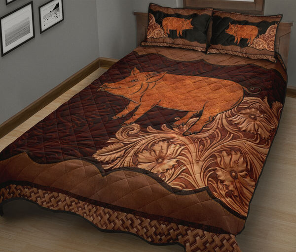 Pig Farm Carving Leather Skin Style Quilt Bed Set - Love Quilt Bedding Set