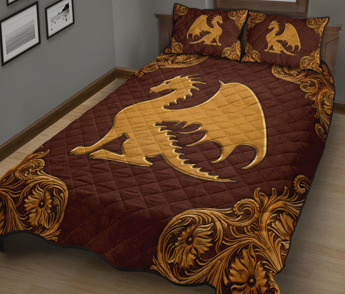 Dragon Leather Carving Style Quilt Bed Set - Love Quilt Bedding Set