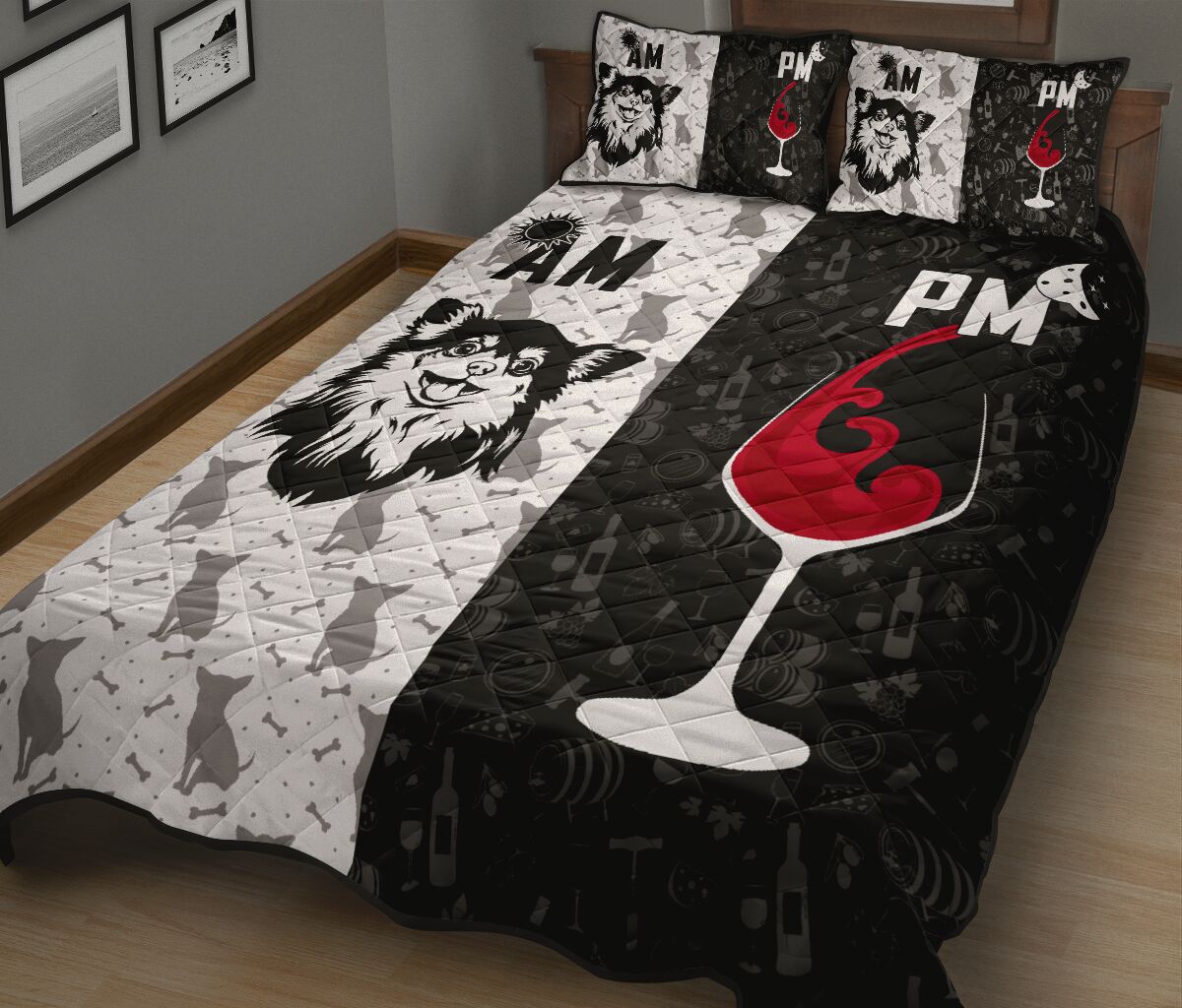 Chihuahua Long Haired Black And White Style Quilt Bed Set - Love Quilt Bedding Set