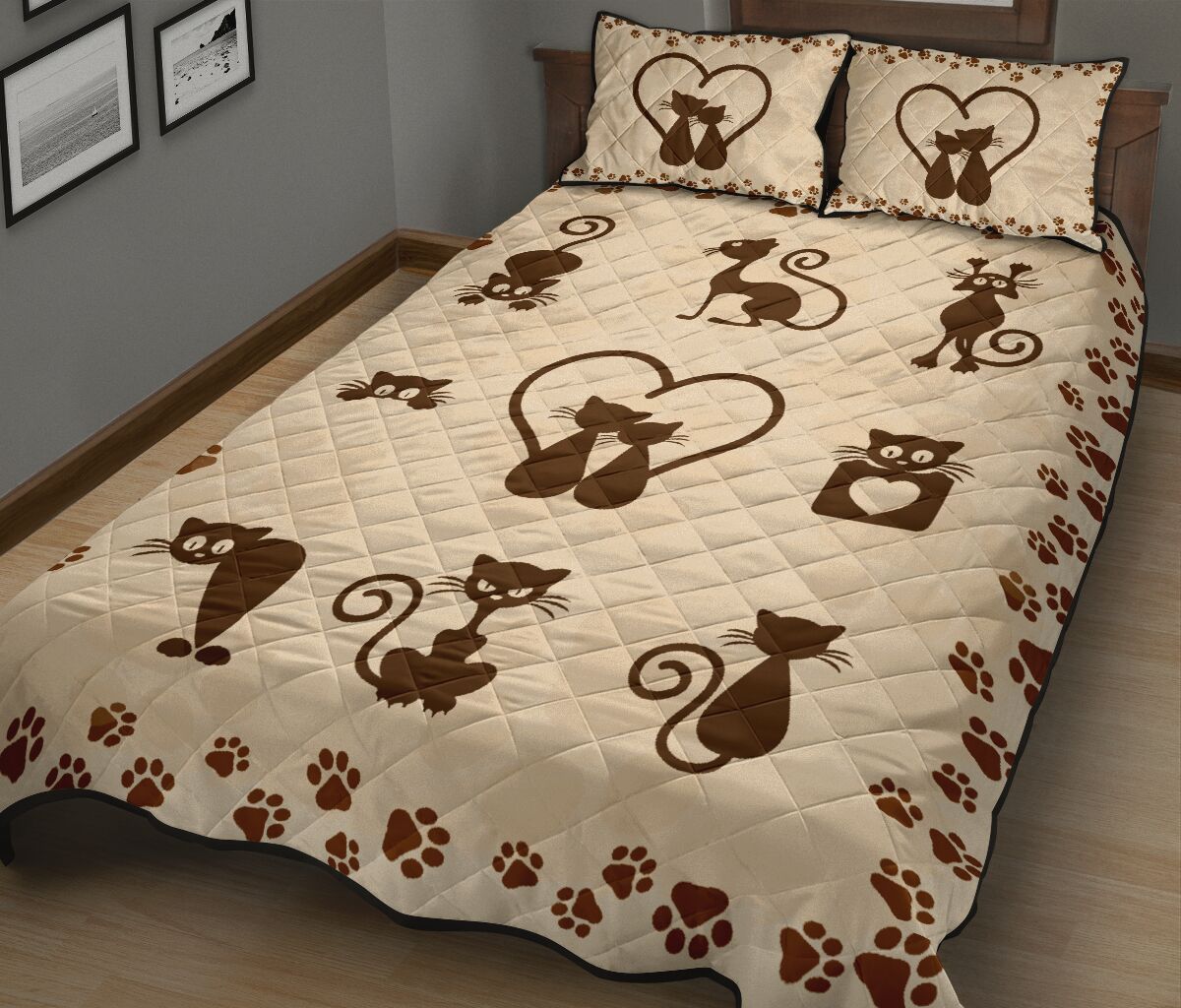Cats Lover Pattern Quilt Bed Set - Love Quilt Bedding Set