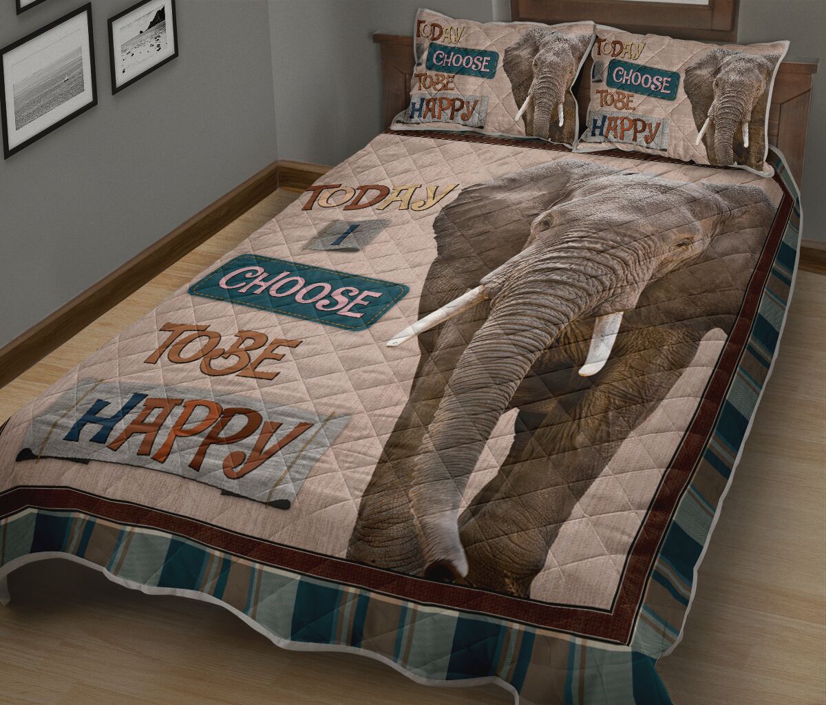 Elephant Today I Choose Tobe Happy Quilt Bed Set - Love Quilt Bedding Set