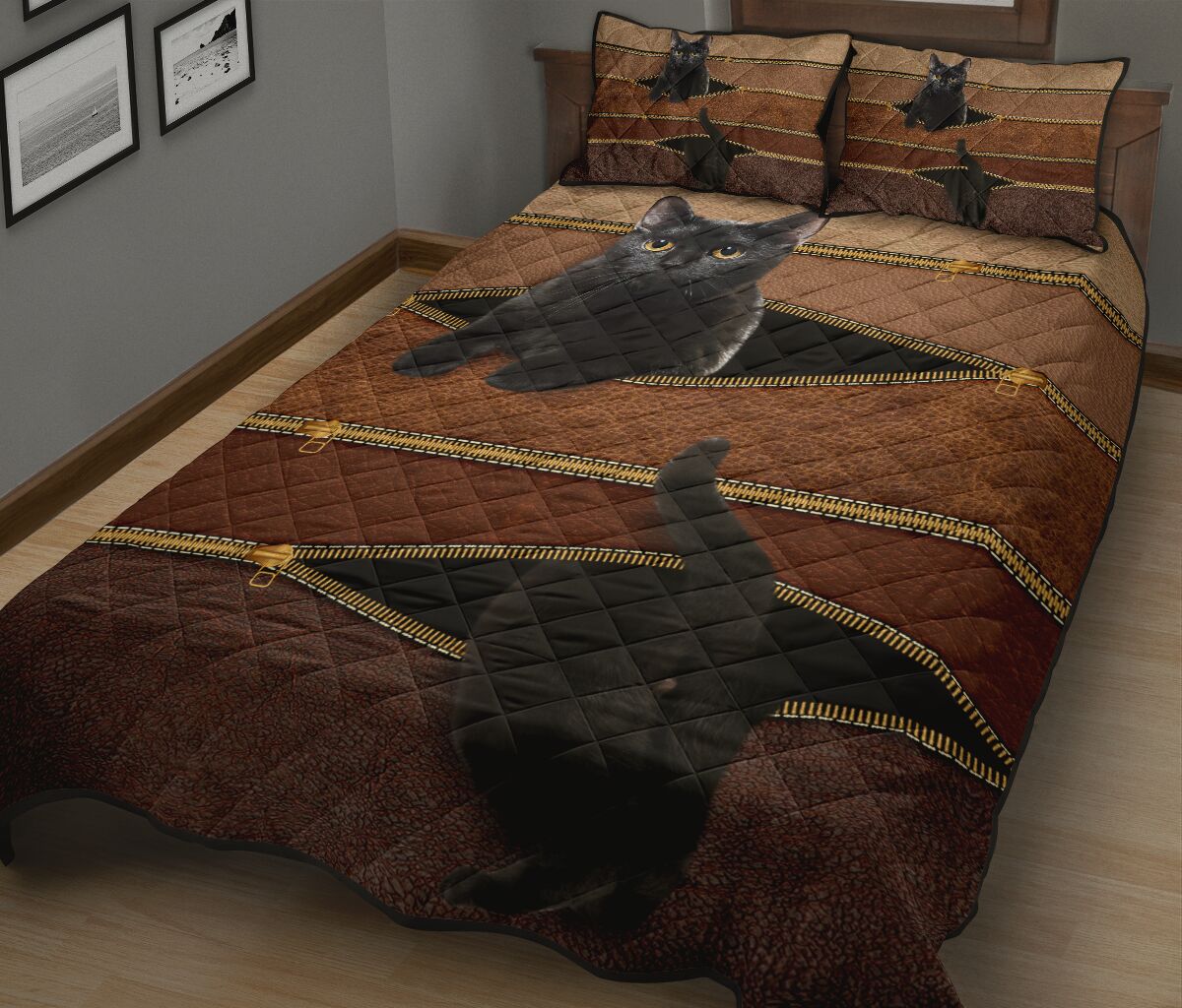 Cat Black Zipper Leather Quilt Bed Set- Love Quilt Bedding Set