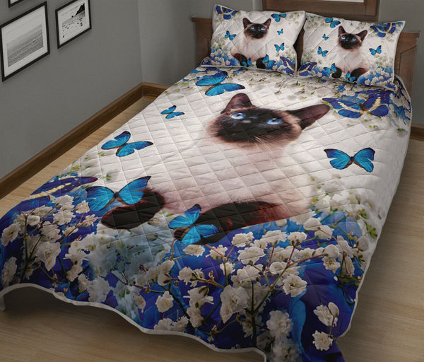 Siamese Cat Blue And White Flowers Vertical - Love Quilt Bedding Set